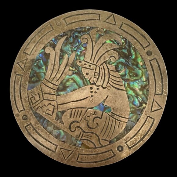 Brooch 2.5" Abalone Shell Mayan Design Sterling Silver 925 Mexico - Picture 1 of 11